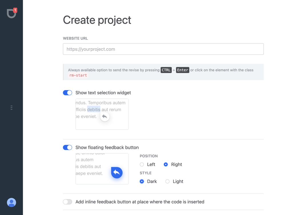 The Create project form: website URL and the widget switches for the text selection button and the floating button