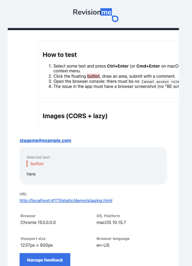 The notification email: the Revisionme logo, the screenshot of the page, the visitor's email, the selected text with the comment, the page URL, the browser details and the Manage feedback button