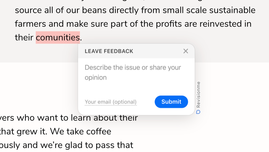 The opened feedback form with the title “Leave feedback”, the placeholder “Describe the issue or share your opinion”, the email field and the Submit button
