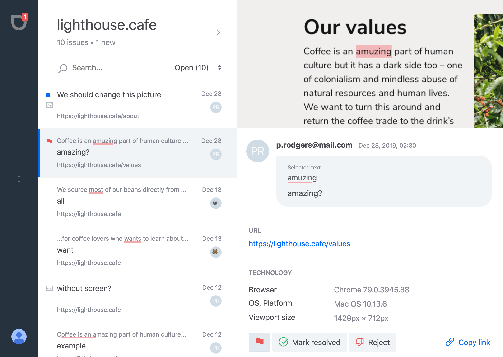 Revisionme web app: a list of issues for lighthouse.cafe and the selected report with a screenshot, the selected text, URL and browser details
