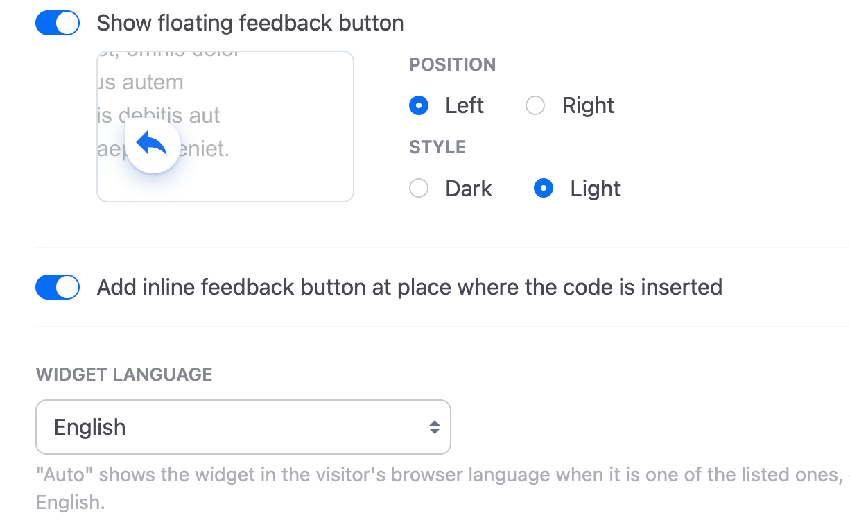 Widget settings: text selection widget, floating button position and colour scheme