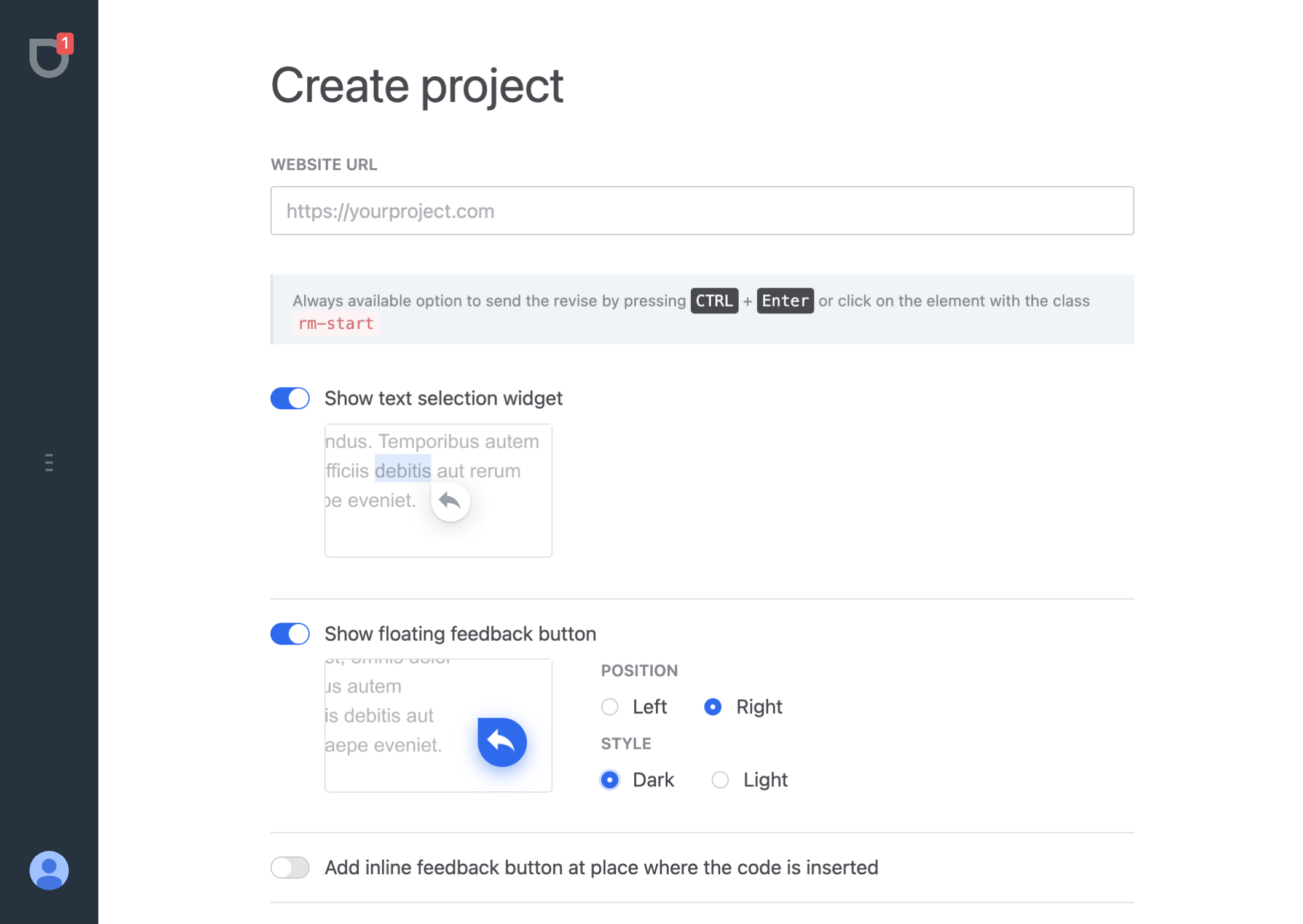 Project settings: text selection widget, floating button position and style, inline button